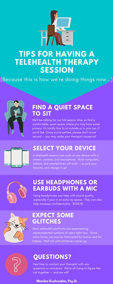 Infographic with Tips for Having a Telehealth Therapy Session. Text includes: 